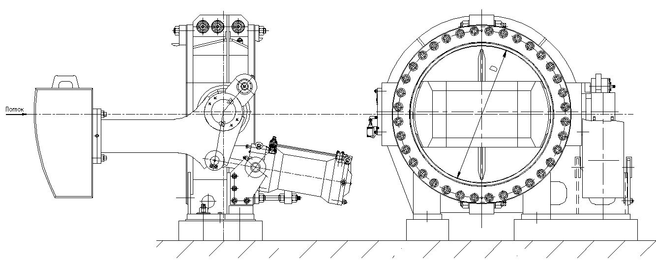 Затвор дисковый ЗДб с грузовым приводом на закрытие и сервомотором на открытие (сервомотор закреплен на корпусе затвора)