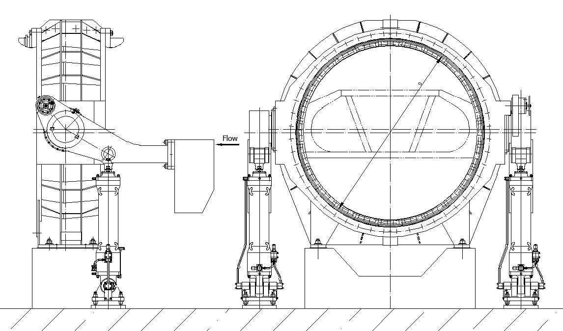 BBV butterfly valve for a penstock with counterweight driving mechanism for closing and servomotors for opening