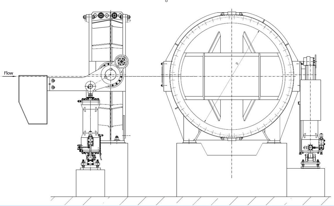 BBV butterfly valve with counterweight driving mechanism for closing and servomotor for opening (servomotor is to be installed on the foundation)
